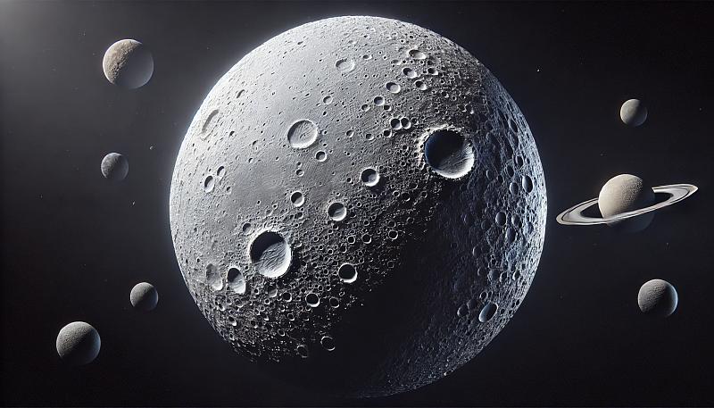 Powierzchnia Merkurego z kraterami i grzbietami, podkreślająca jego podobieństwo do Księżyca
