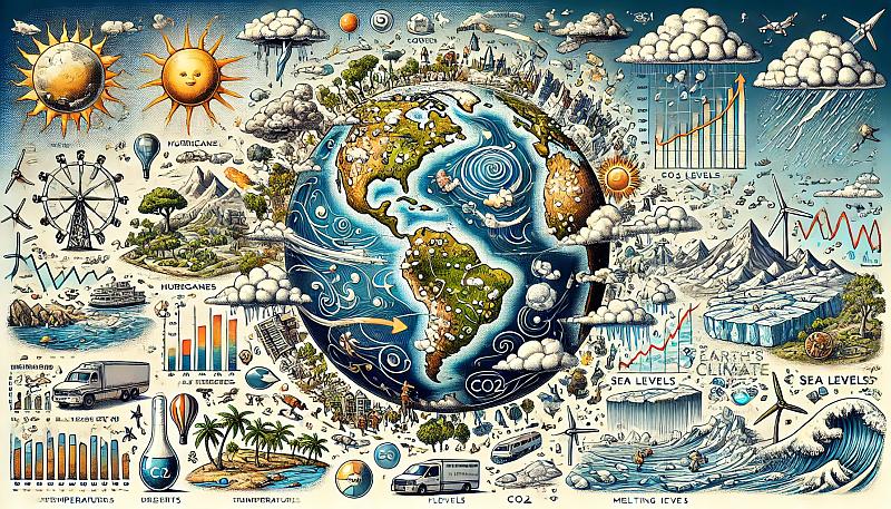 Szczegółowa ilustracja przedstawiająca zmienność klimatu na Ziemi, obejmująca różne zjawiska pogodowe, strefy klimatyczne oraz zmiany temperatur, poziomu CO2 i poziomu morza.