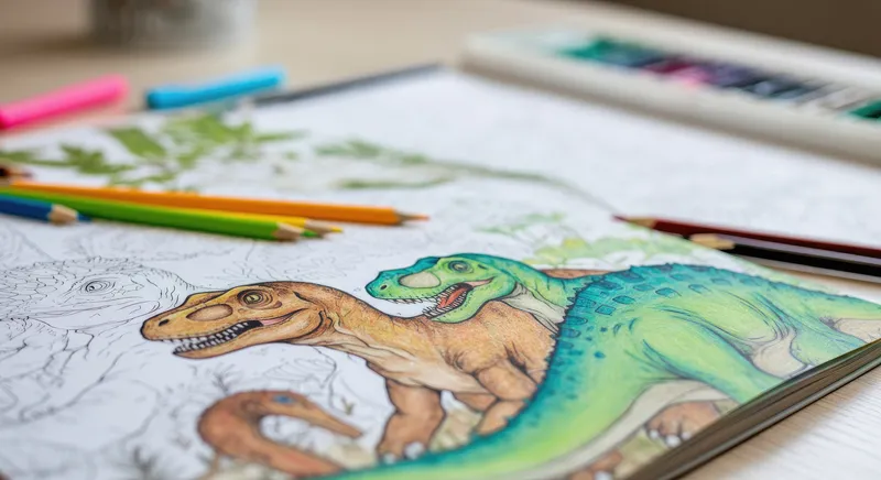 Kolorowanka z pokolorowanymi dinozaurami i kredki