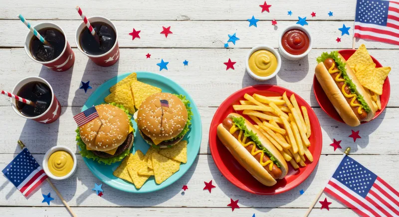 Jedzenie amerykańskie na stole: burgery, frytki, hot dogi i cola, a także amerykańskie flagi